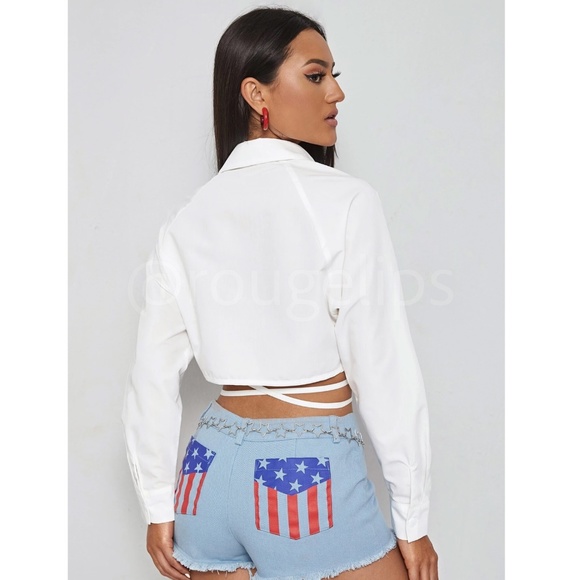 White Crop Button Up Down Was it Ties Long Sleeve Collared Shirt - Picture 5 of 7